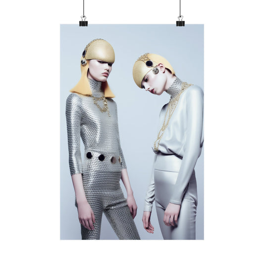 Fashion photograph featuring two models in futuristic silver and white outfits with matching blonde helmets.