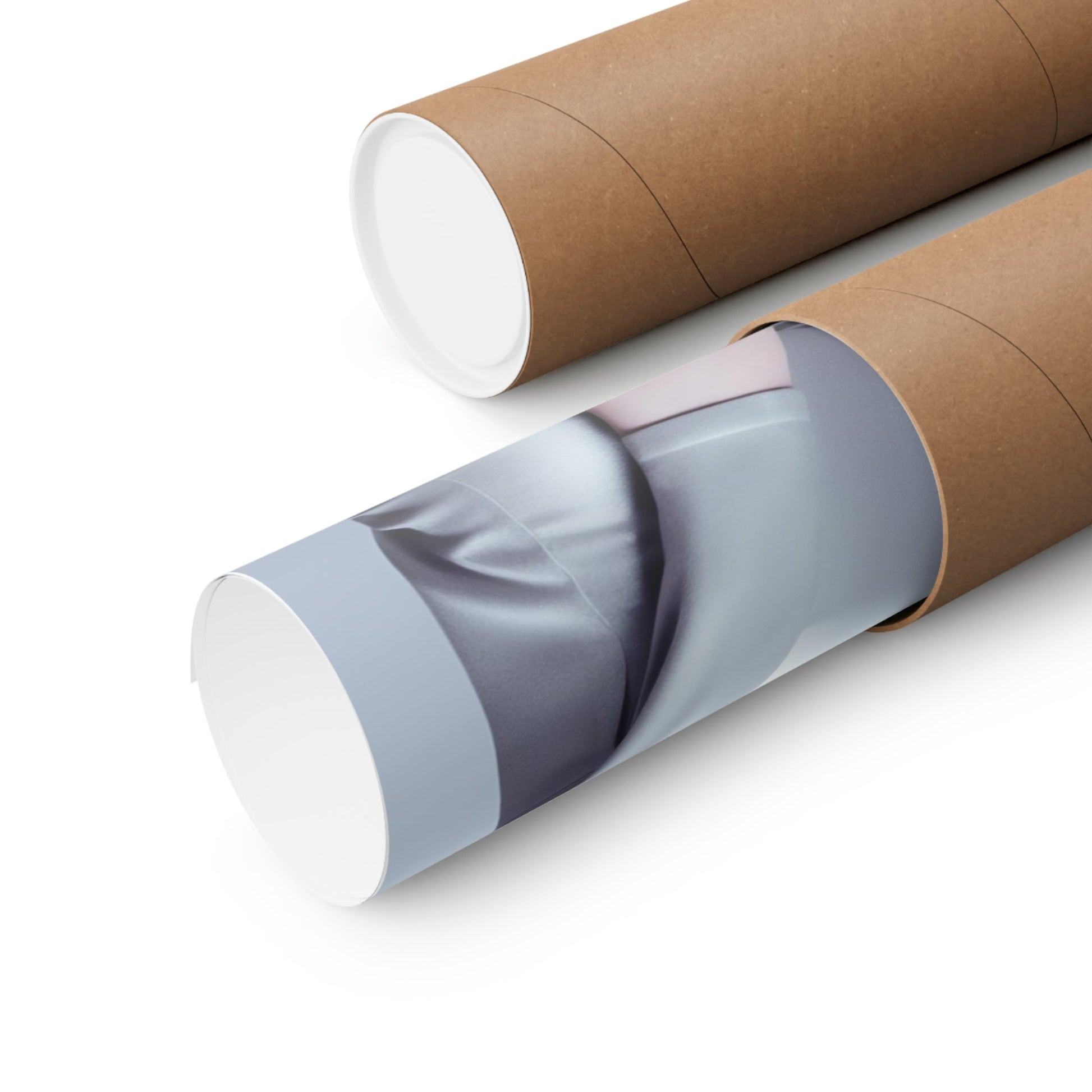 Two rolls of brown paper with a white background