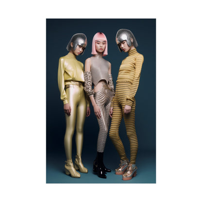 Three models in metallic outfits