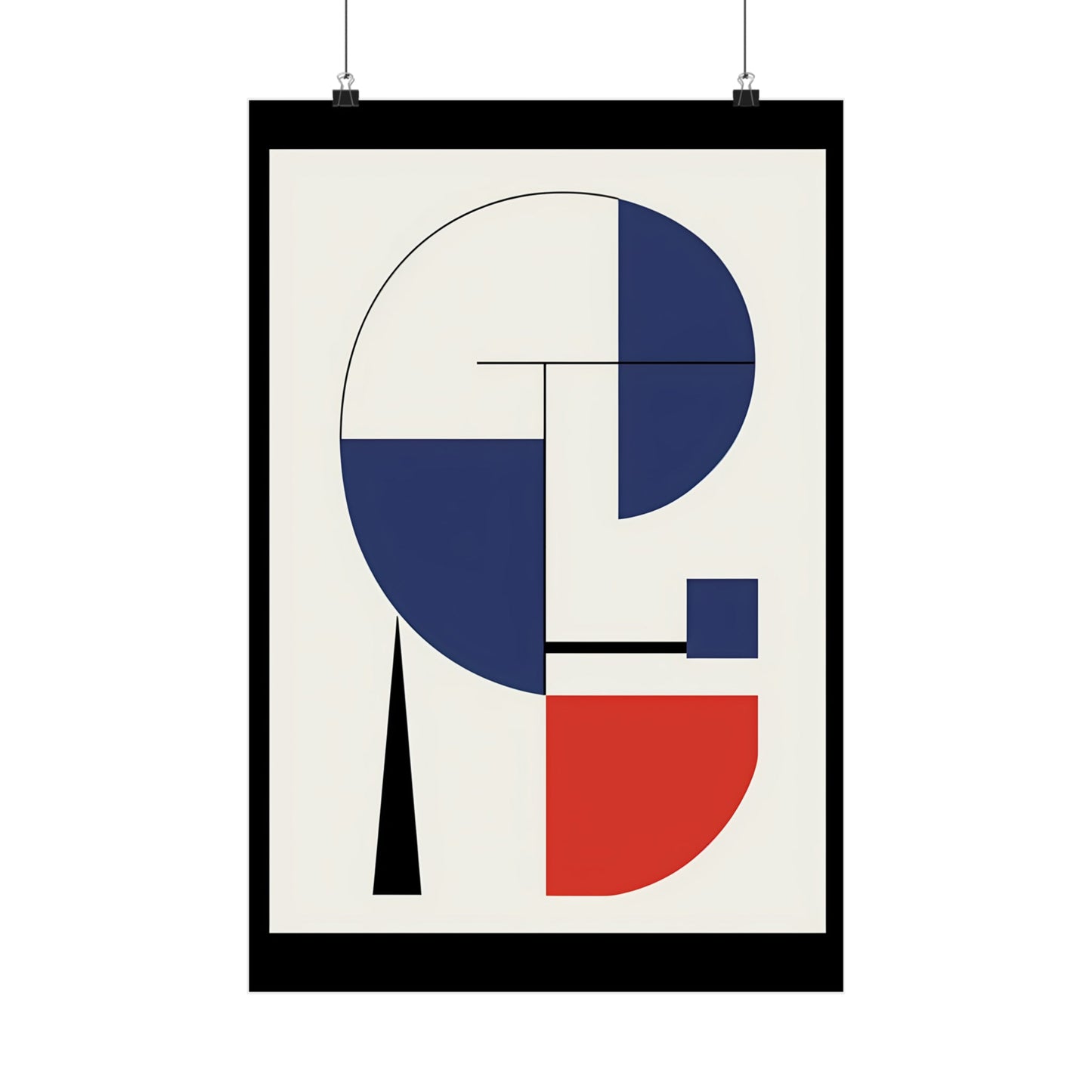 A poster with a geometric design in red, white and blue