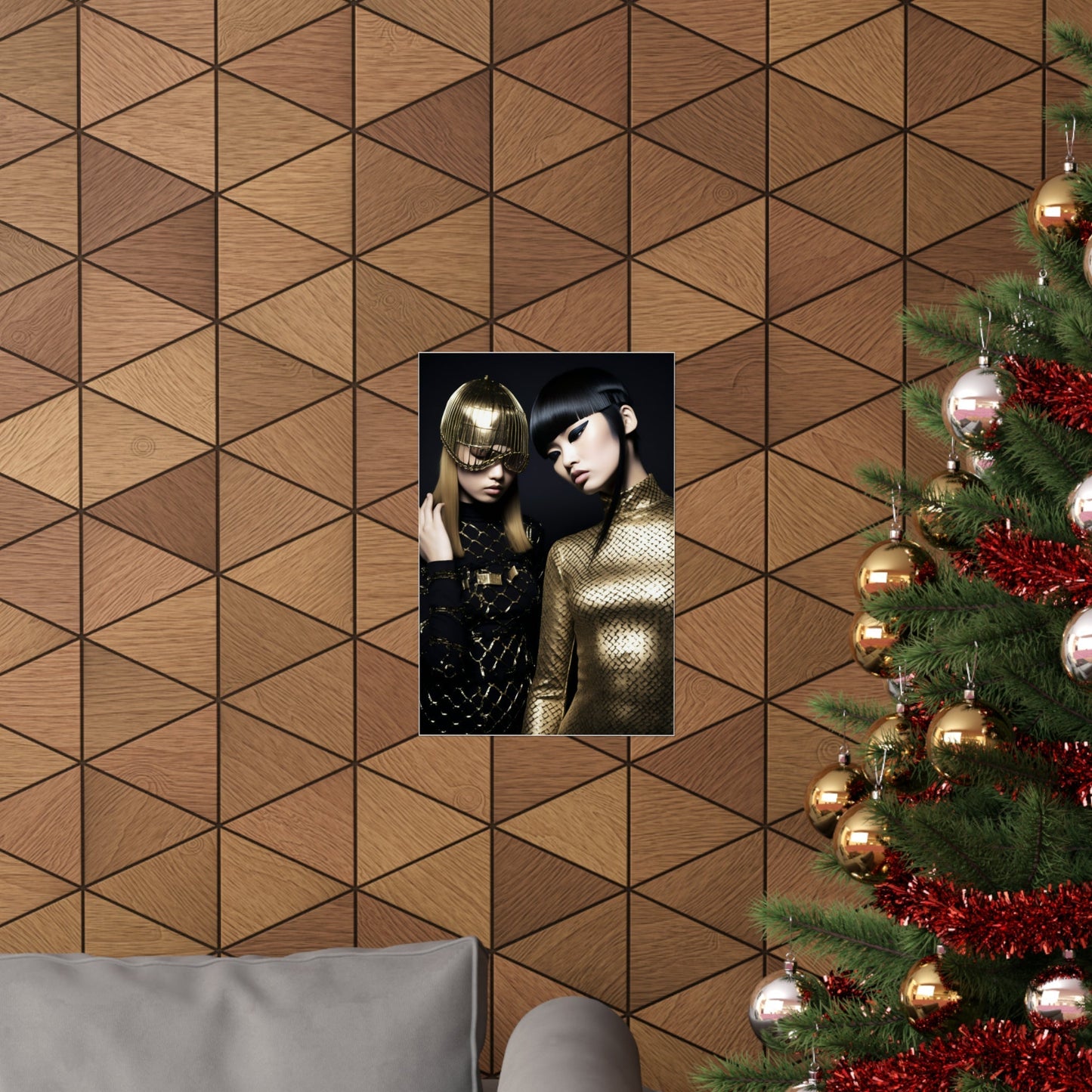 A christmas tree with a picture of a woman in gold