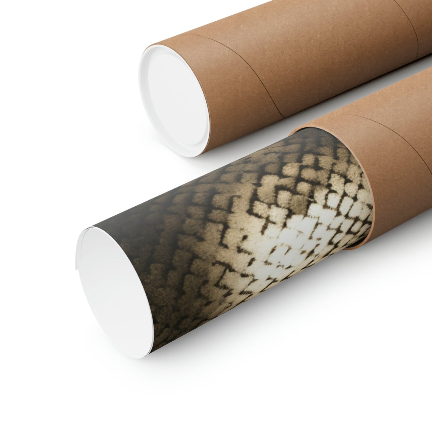 Two rolls of brown paper with a black and white pattern