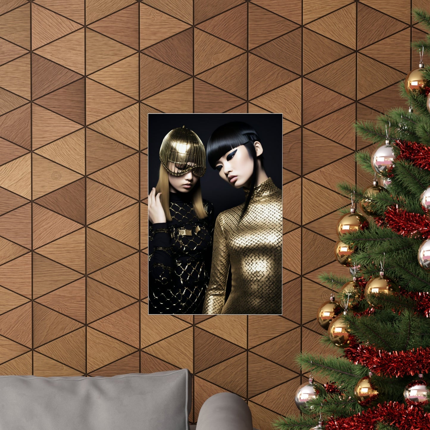 A christmas tree with a gold and black photo