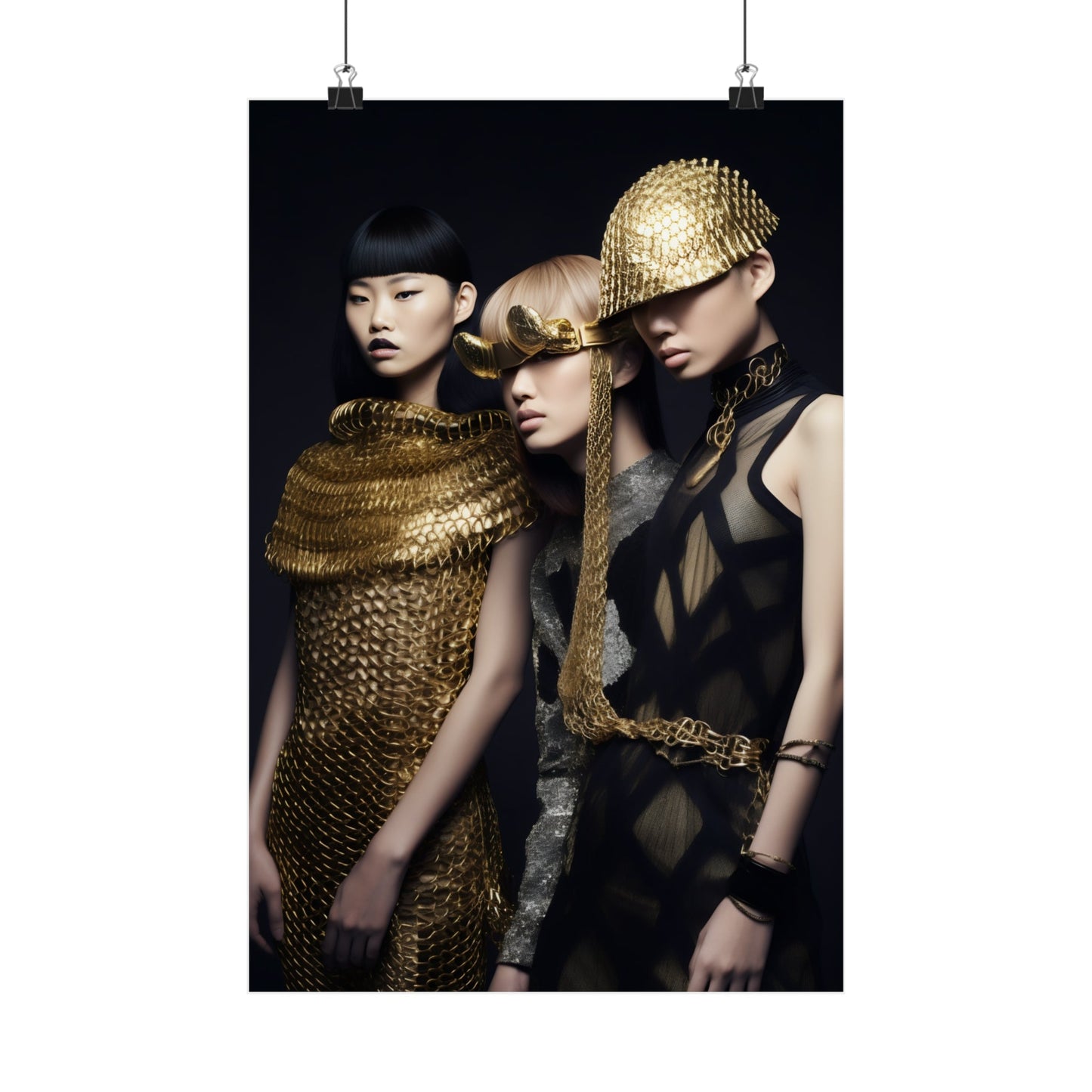 Fashion photograph featuring three models wearing avant-garde gold and black outfits and headpieces.