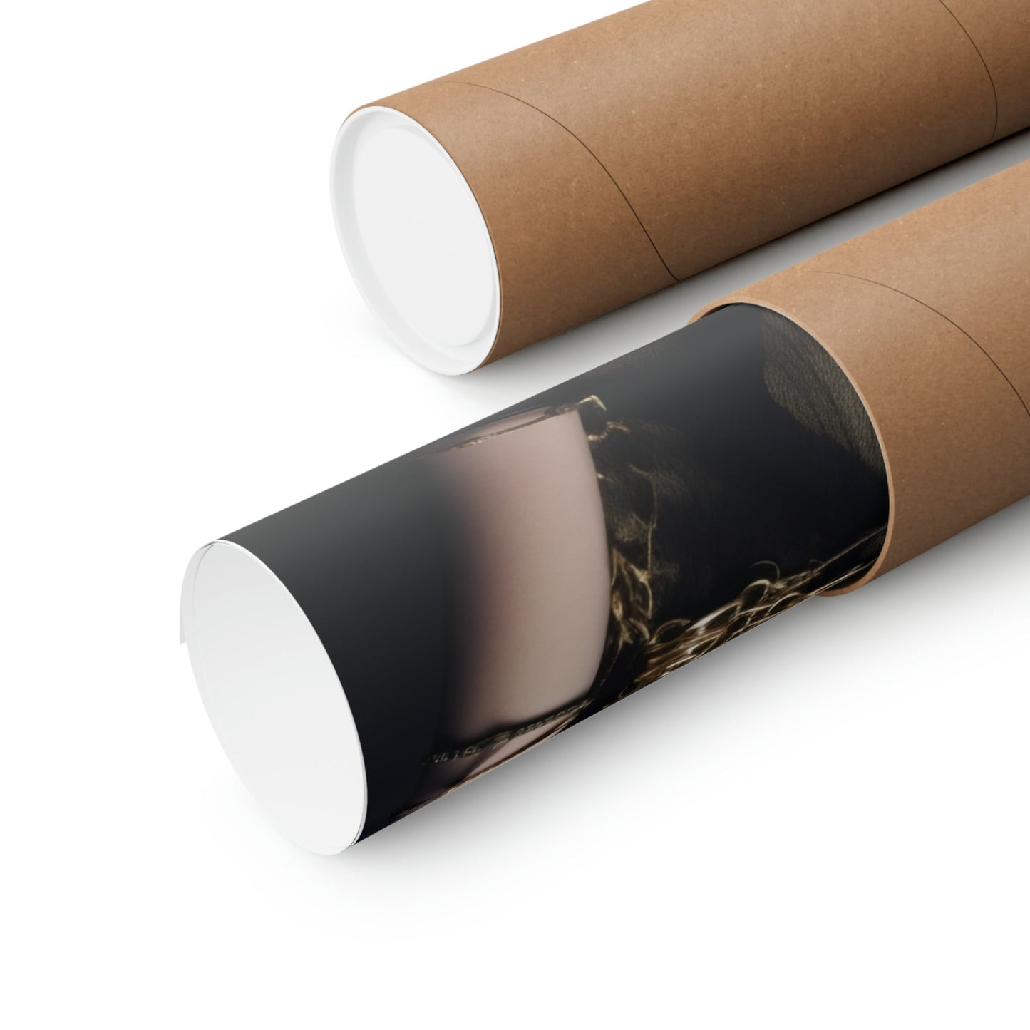 Two rolls of brown paper with a black and white photo on them