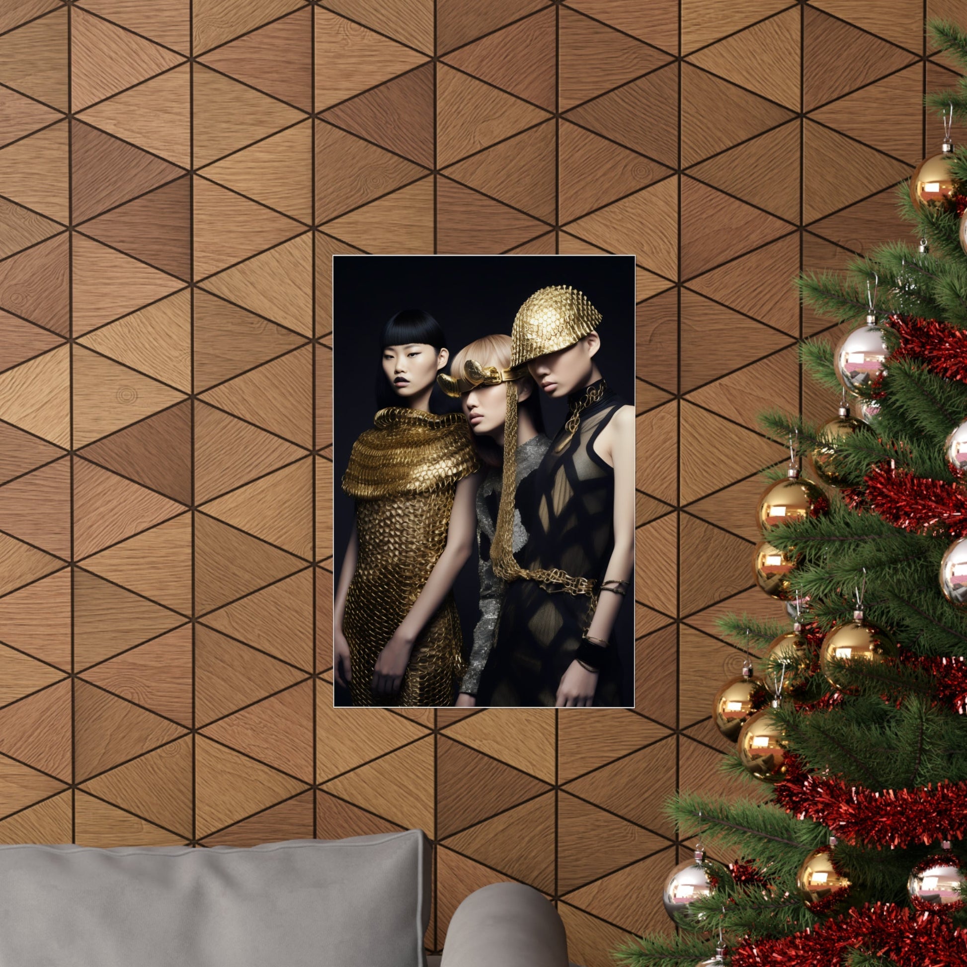 A christmas tree with a picture of two women in gold