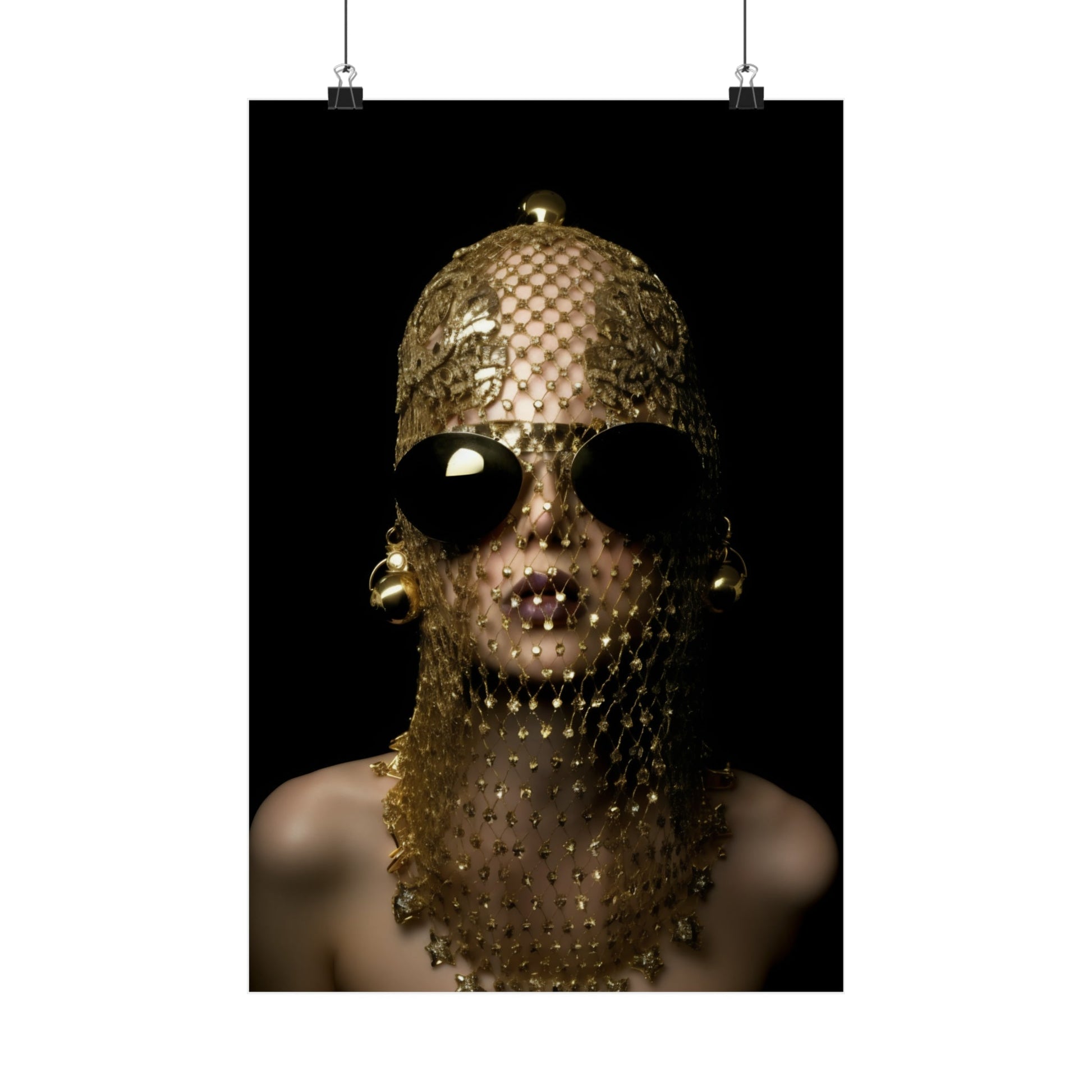 Golden, textured mask or headpiece with dark sunglasses and a beaded veil covering the lower face.