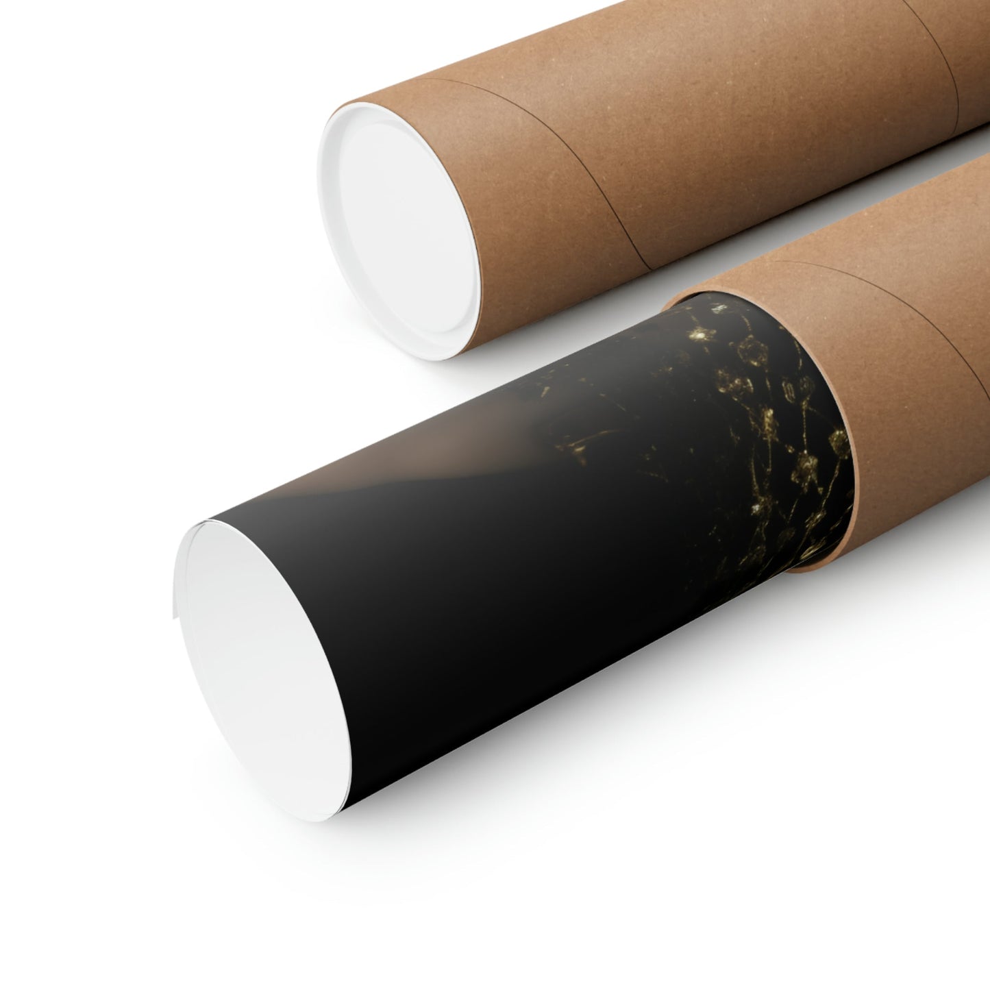 Two rolls of brown paper with black marble on them