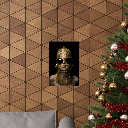 A christmas tree with a gold mask on it