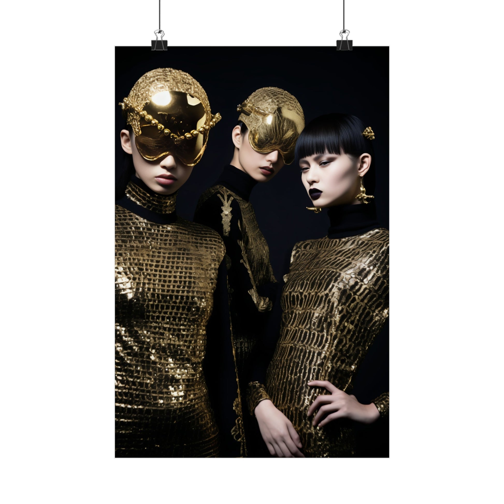 Fashion photograph featuring three models in gold metallic outfits and dramatic makeup.