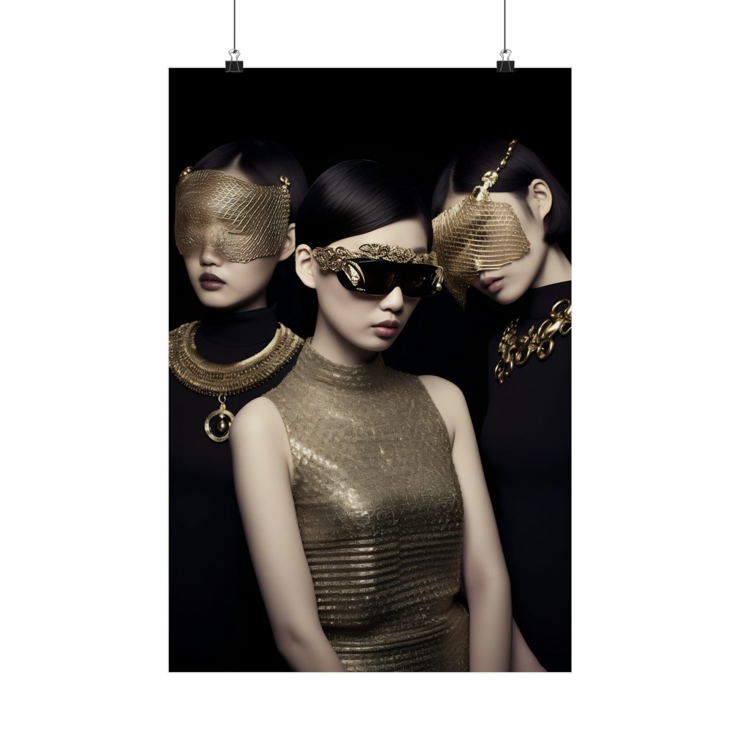 A poster with two women wearing gold jewelry