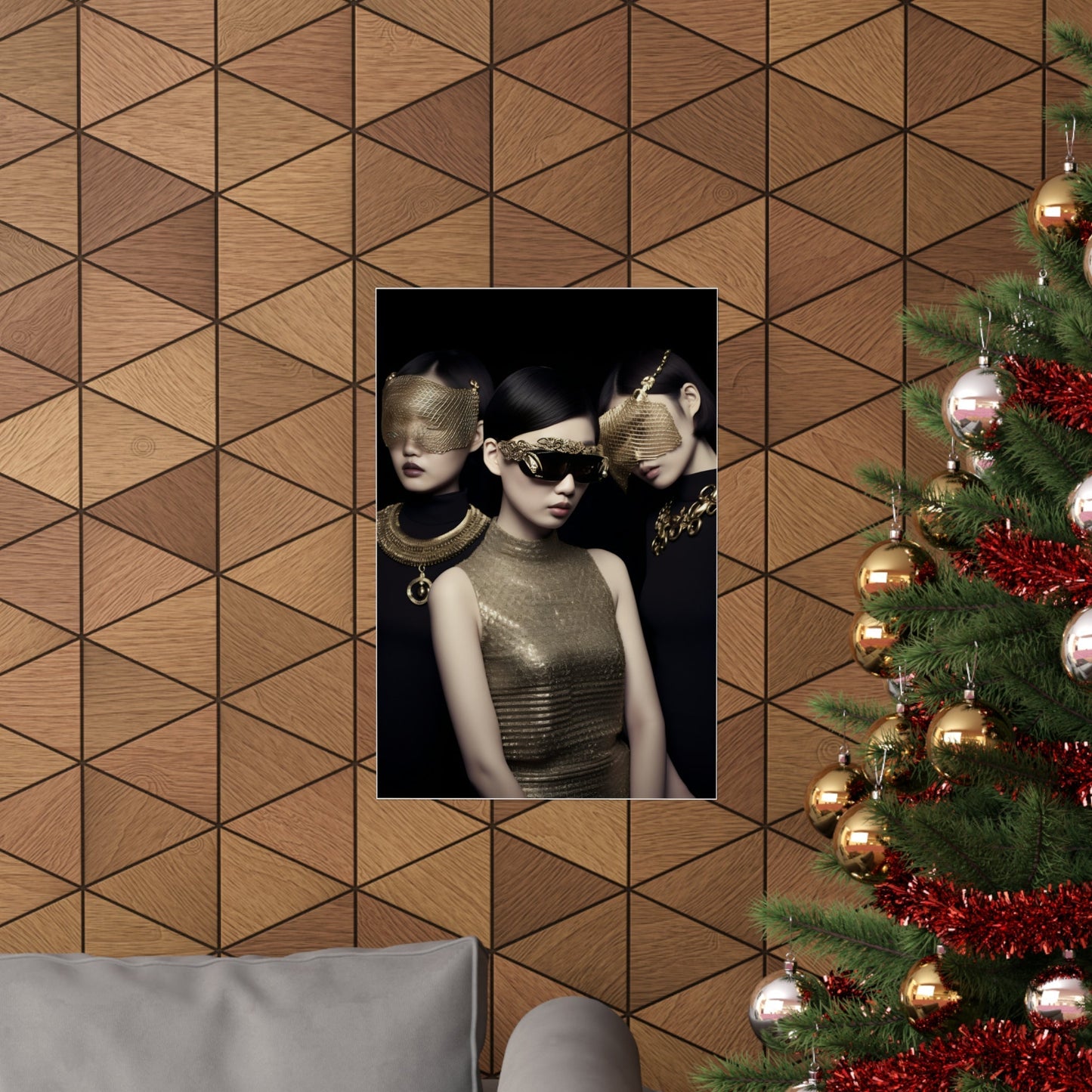 A christmas tree with a picture of a woman in a gold dress