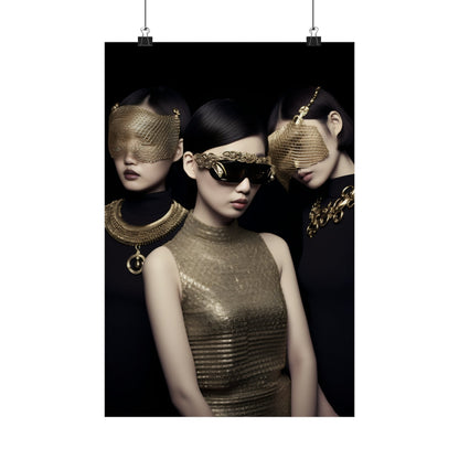 Fashion photograph featuring three models wearing gold accessories and avant-garde eyewear.