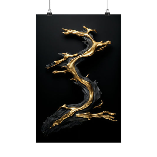 Abstract golden sculpture resembling a twisting, fluid form against a black backdrop.