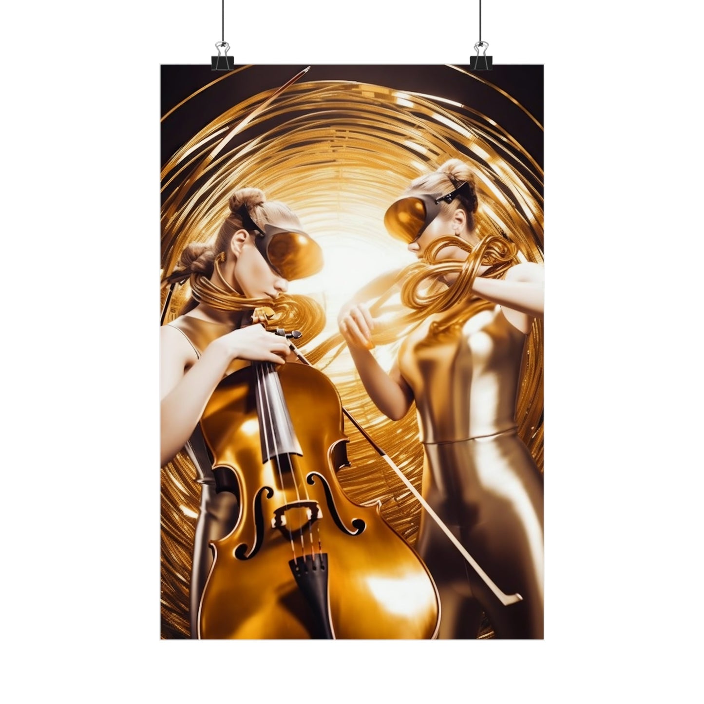 Poster featuring a stylized golden image of musicians with instruments.