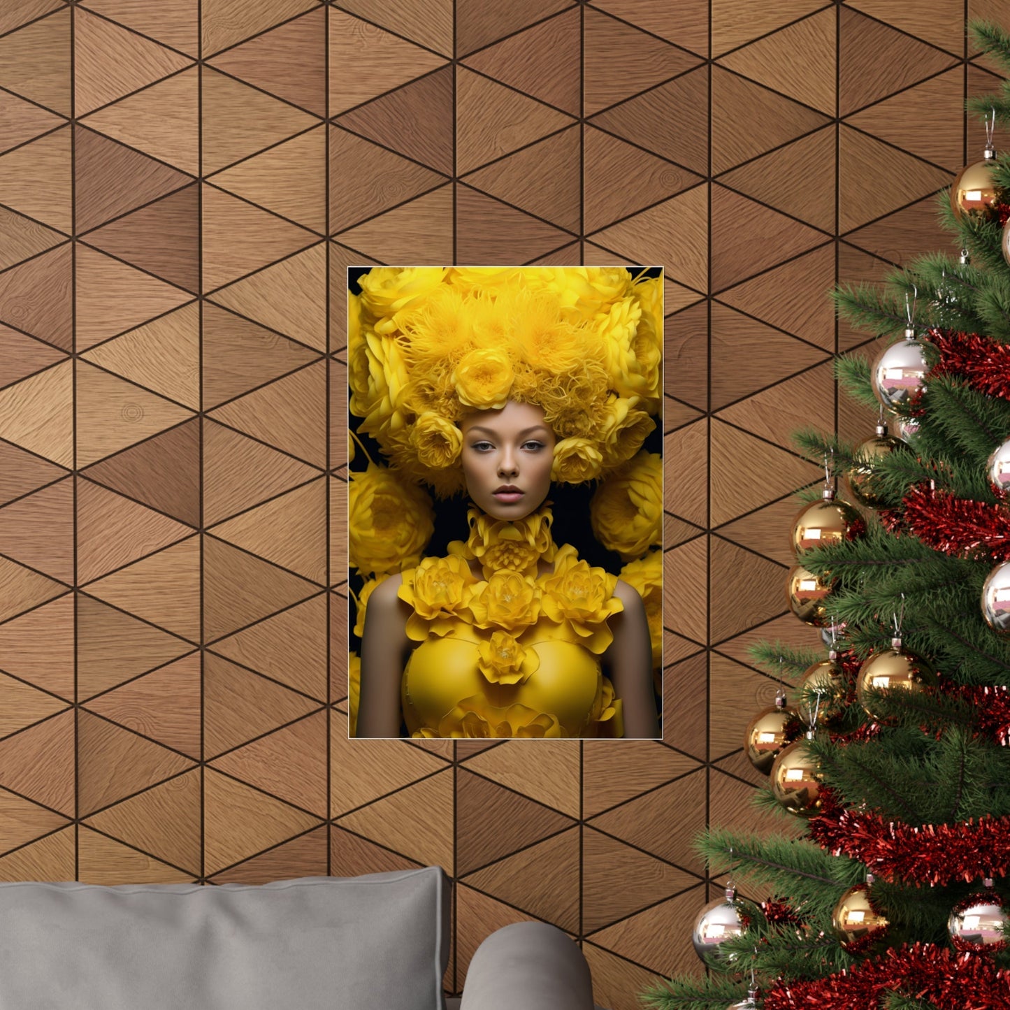 A christmas tree with a picture of a woman in a yellow dress