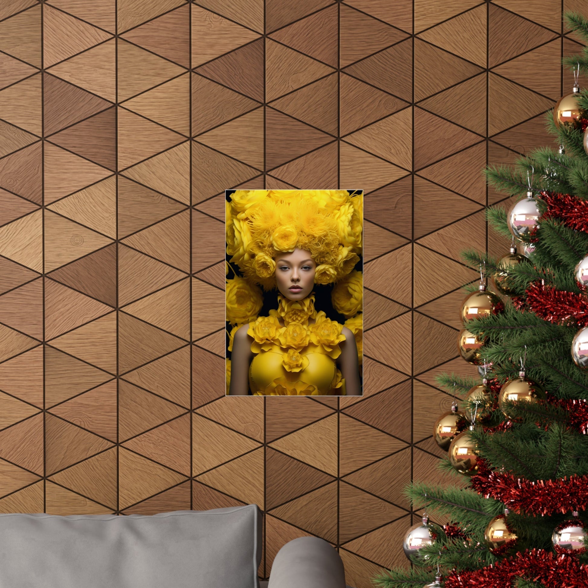 A christmas tree with a picture of a woman in a yellow dress