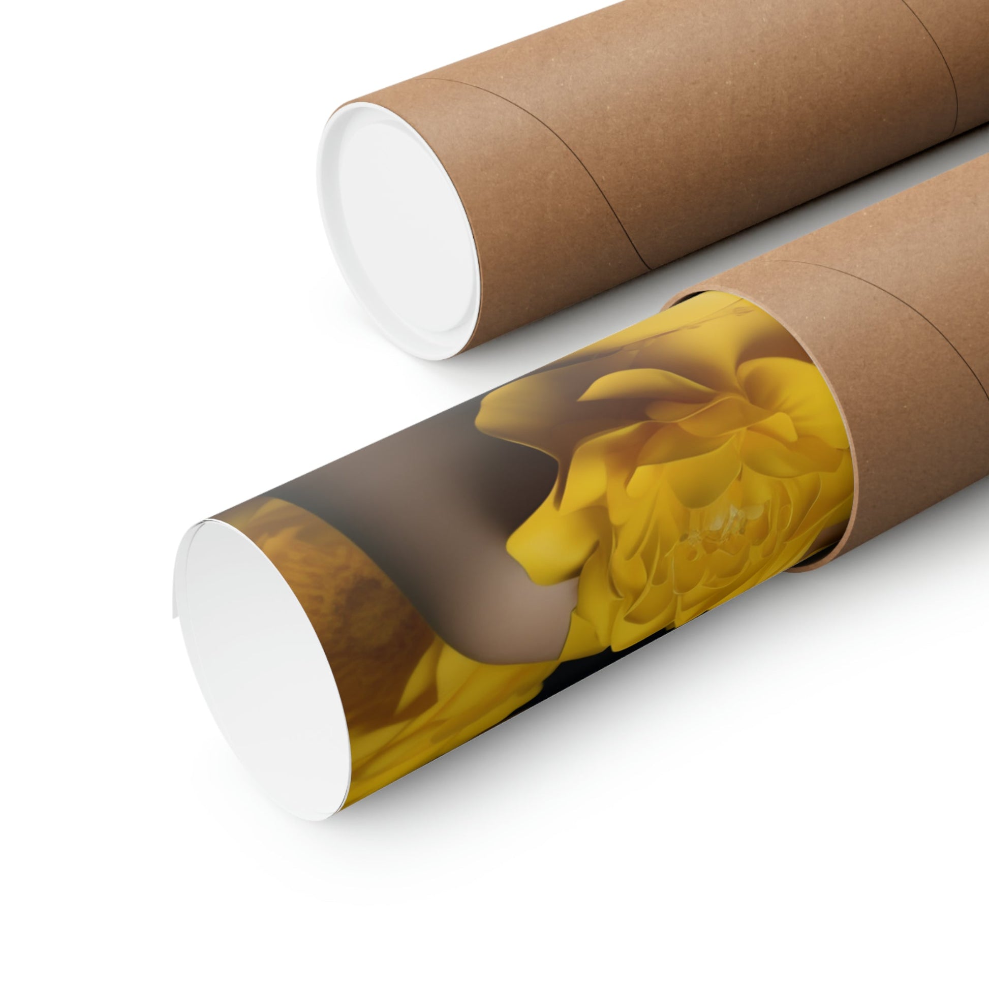 Two rolls of brown paper with yellow roses on them