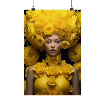 Portrait of a person adorned in vibrant yellow floral and feathery decorations.