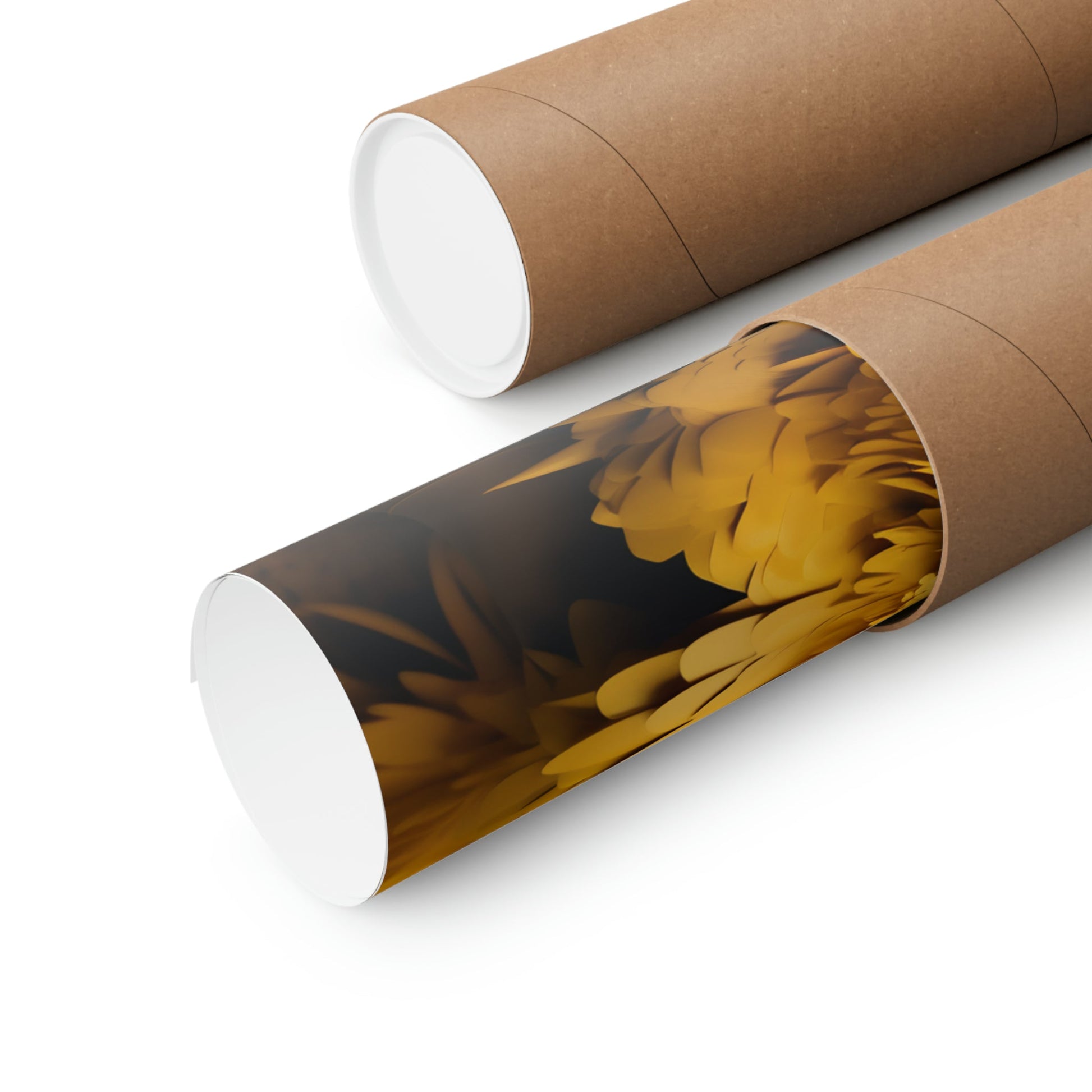 Two rolls of brown paper with a flower on them