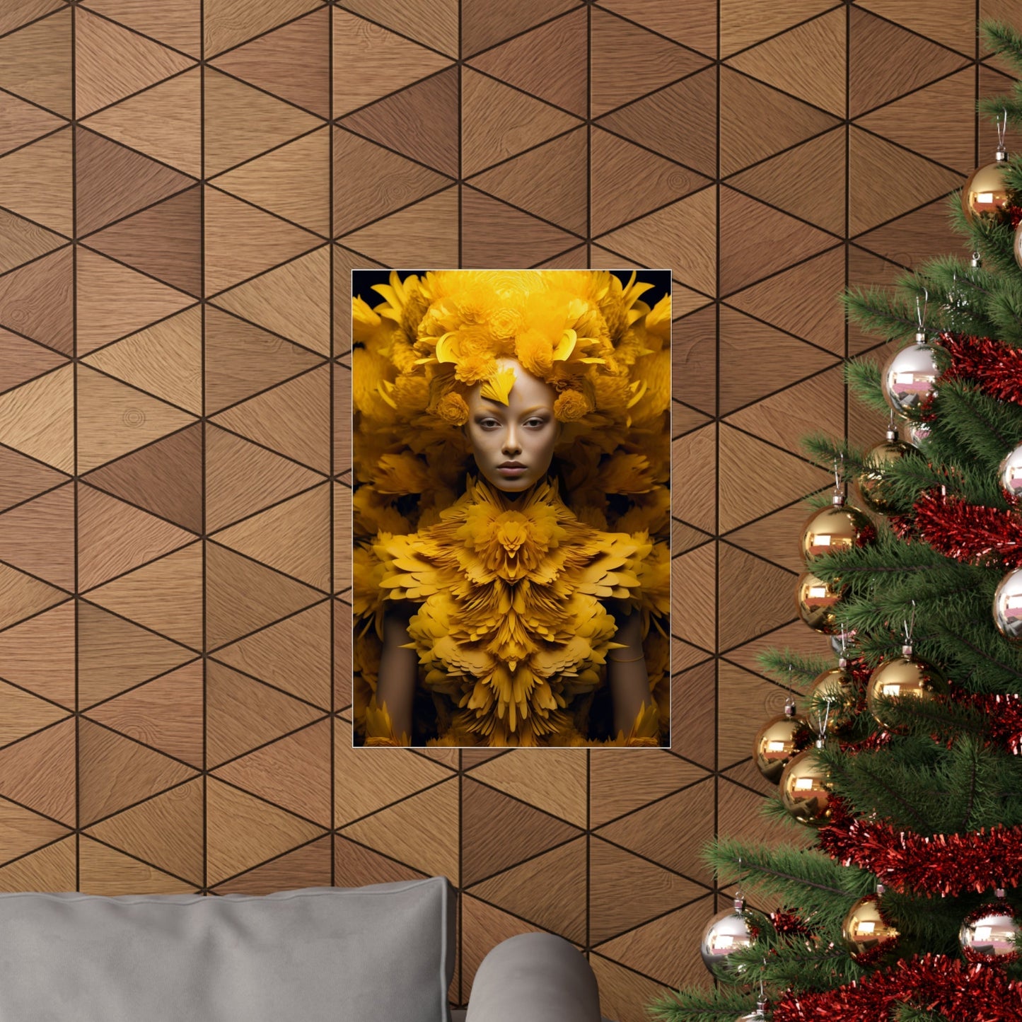 A christmas tree with a picture of a woman in a yellow dress