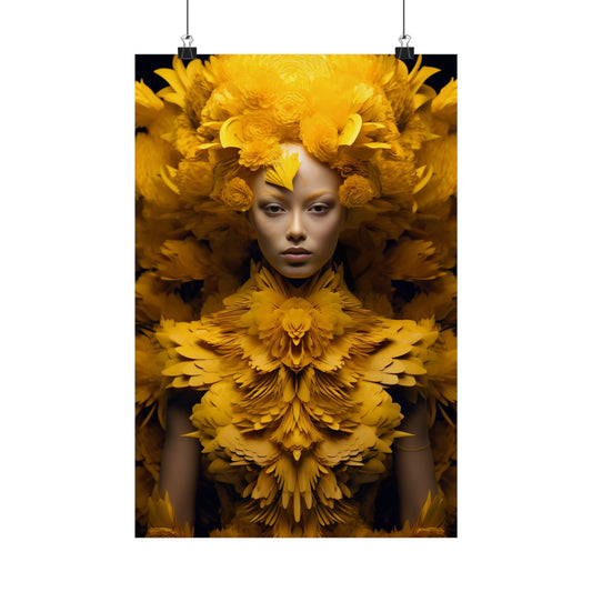 Portrait of a person adorned with vibrant yellow flowers and feathers.