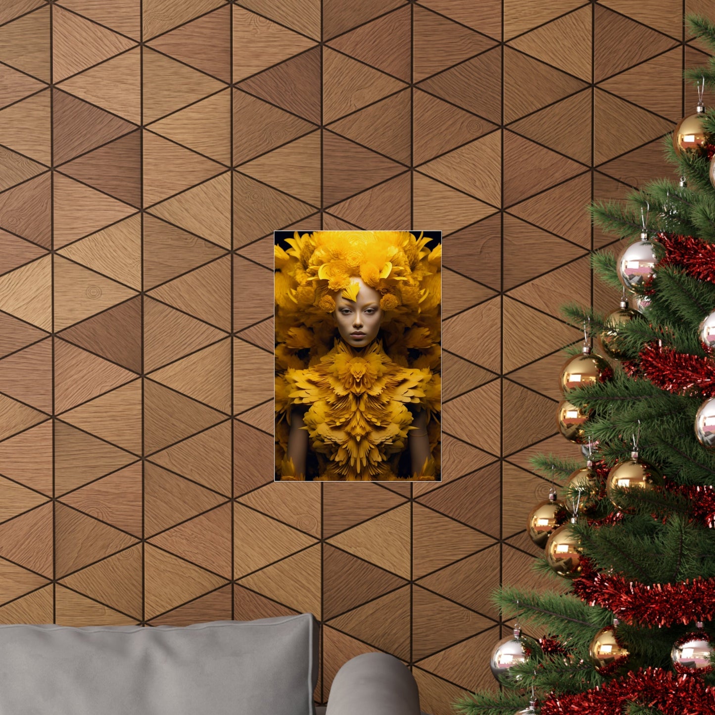 A christmas tree with a picture of a woman in a yellow dress