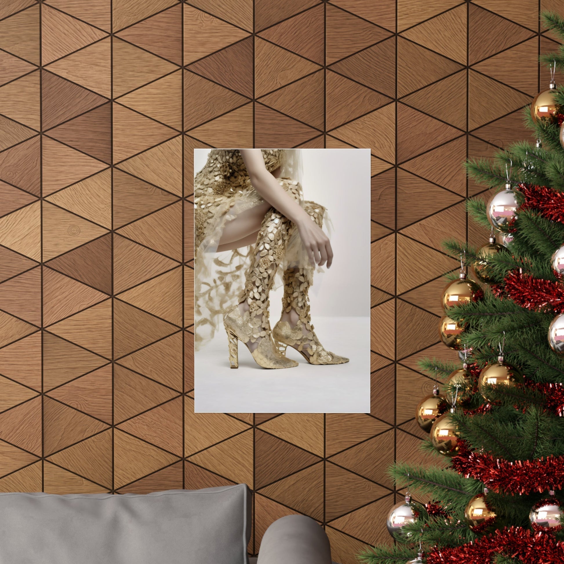 A christmas tree with a picture of a woman in gold shoes