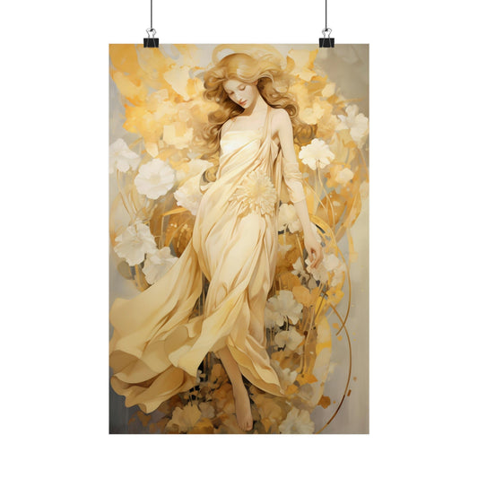 Ethereal painting of a woman in flowing golden robes surrounded by abstract floral elements.