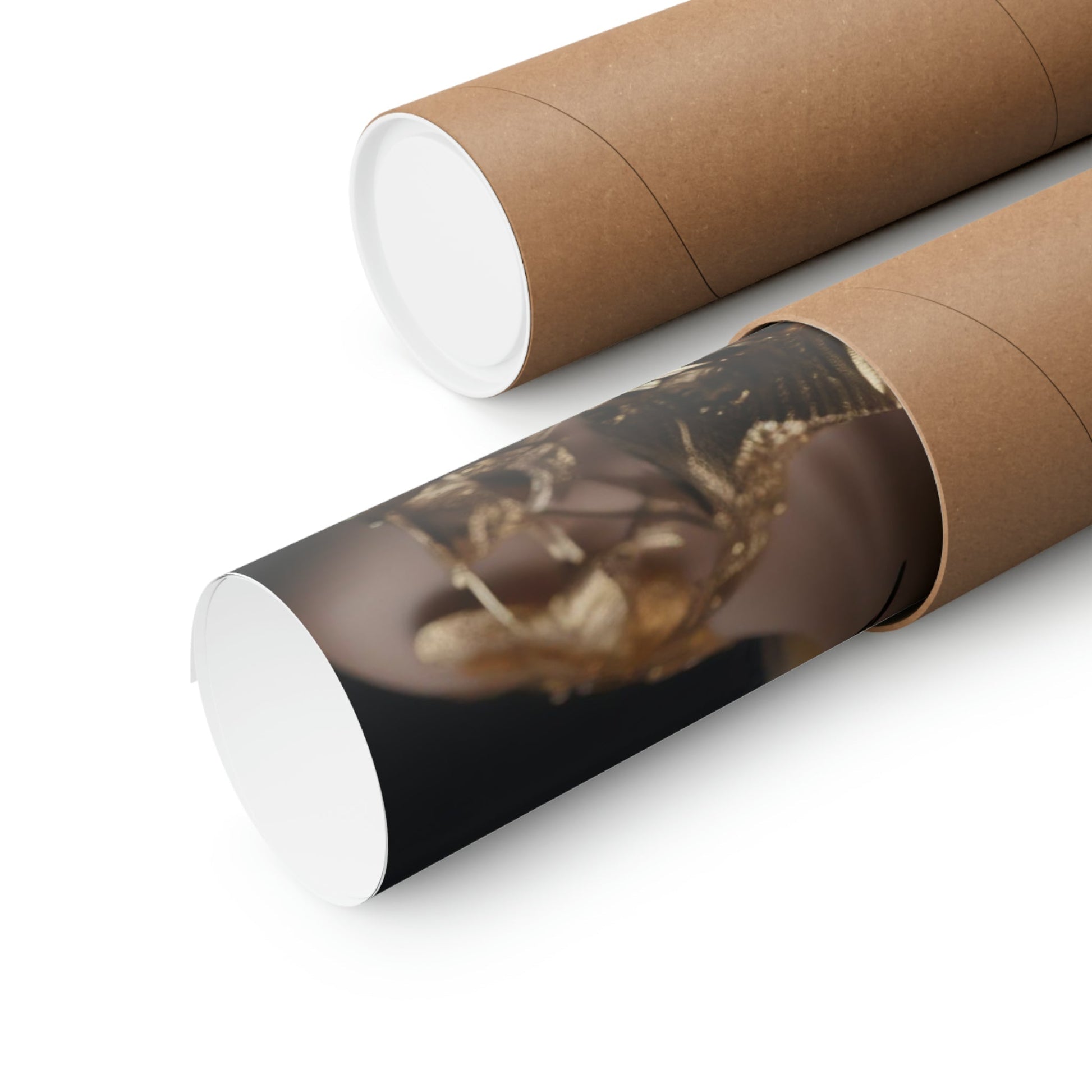 Two rolls of brown paper with a photo on them