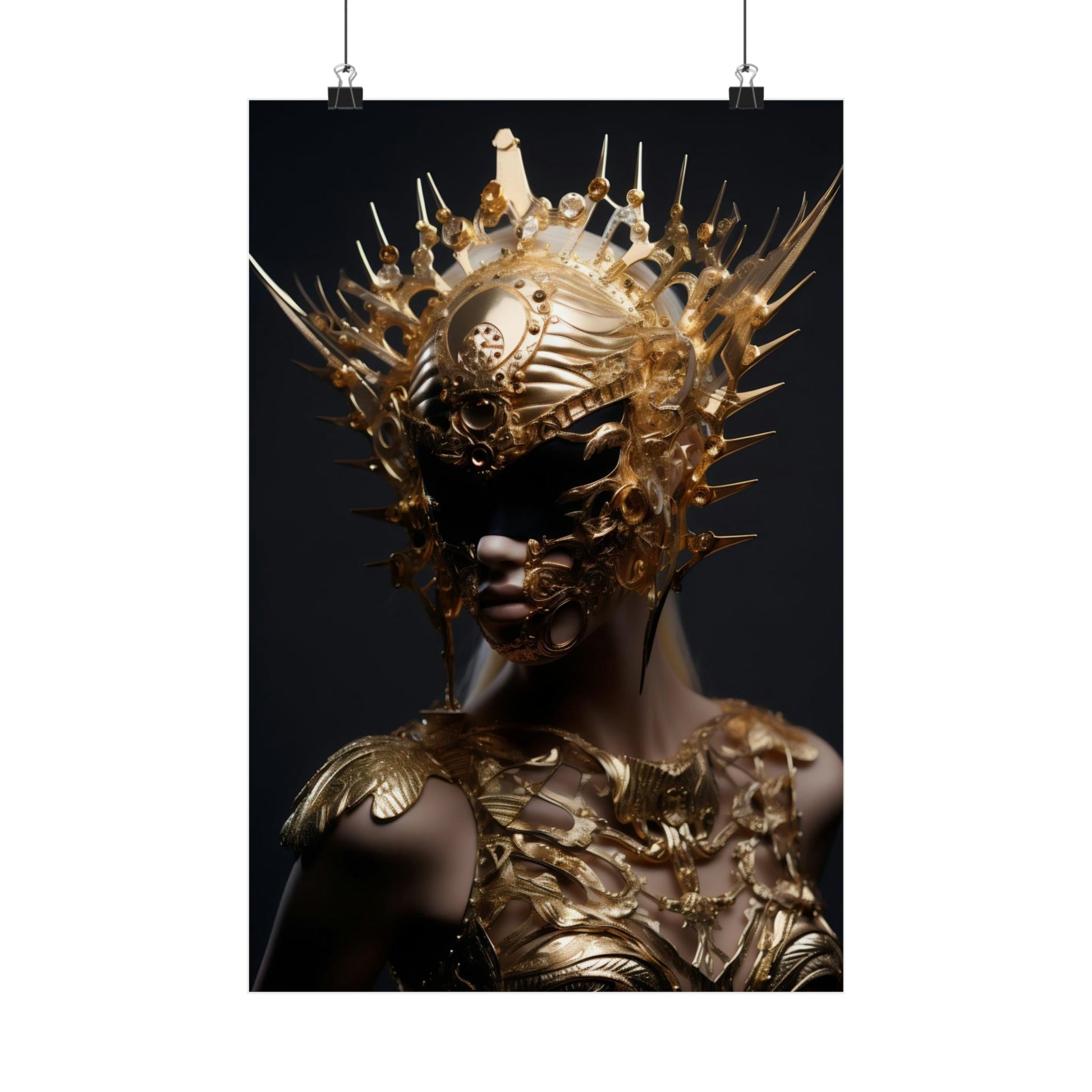 Striking gold-adorned figure with an elaborate spiked headdress and ornate metallic body armor.