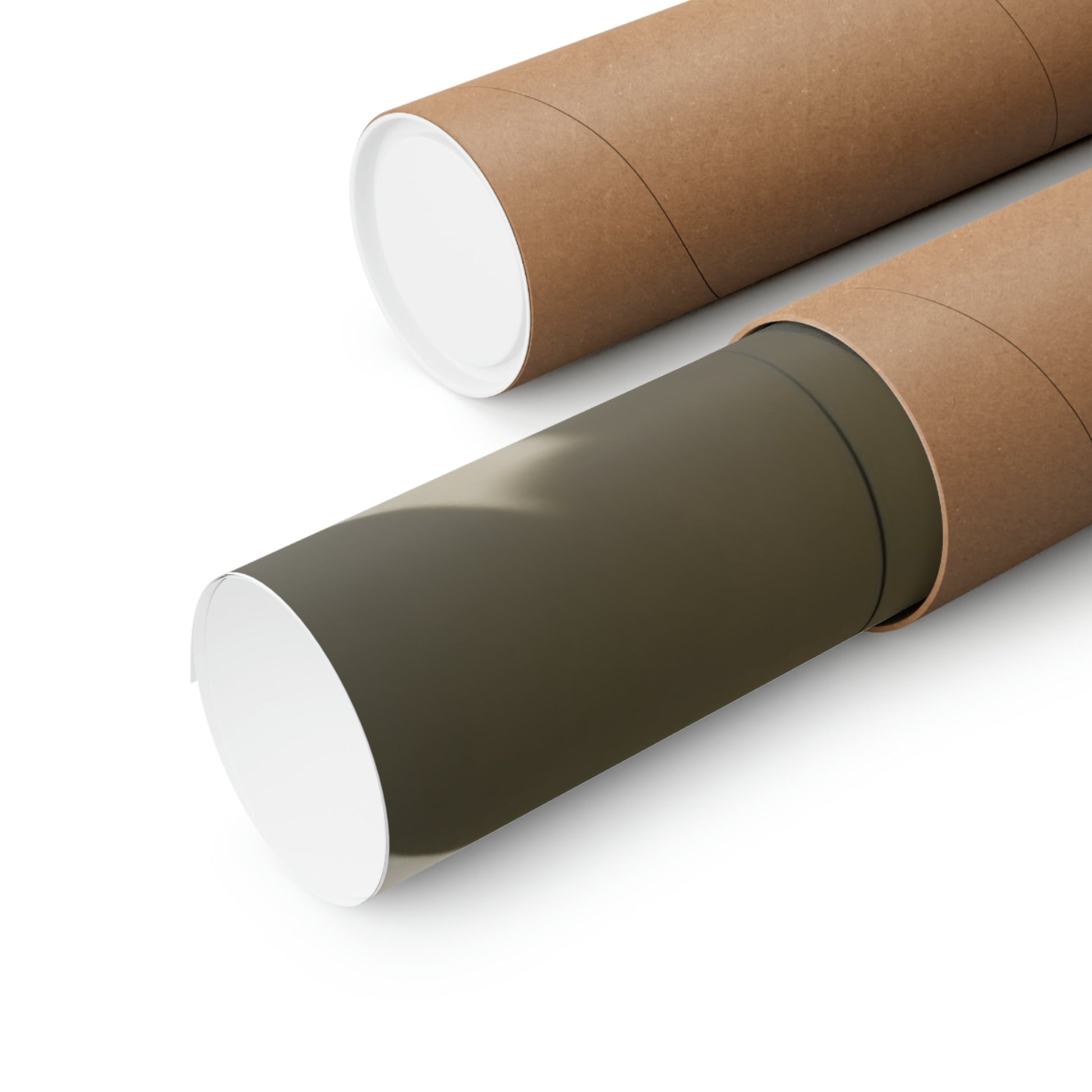 Two rolls of brown paper with white paper on them