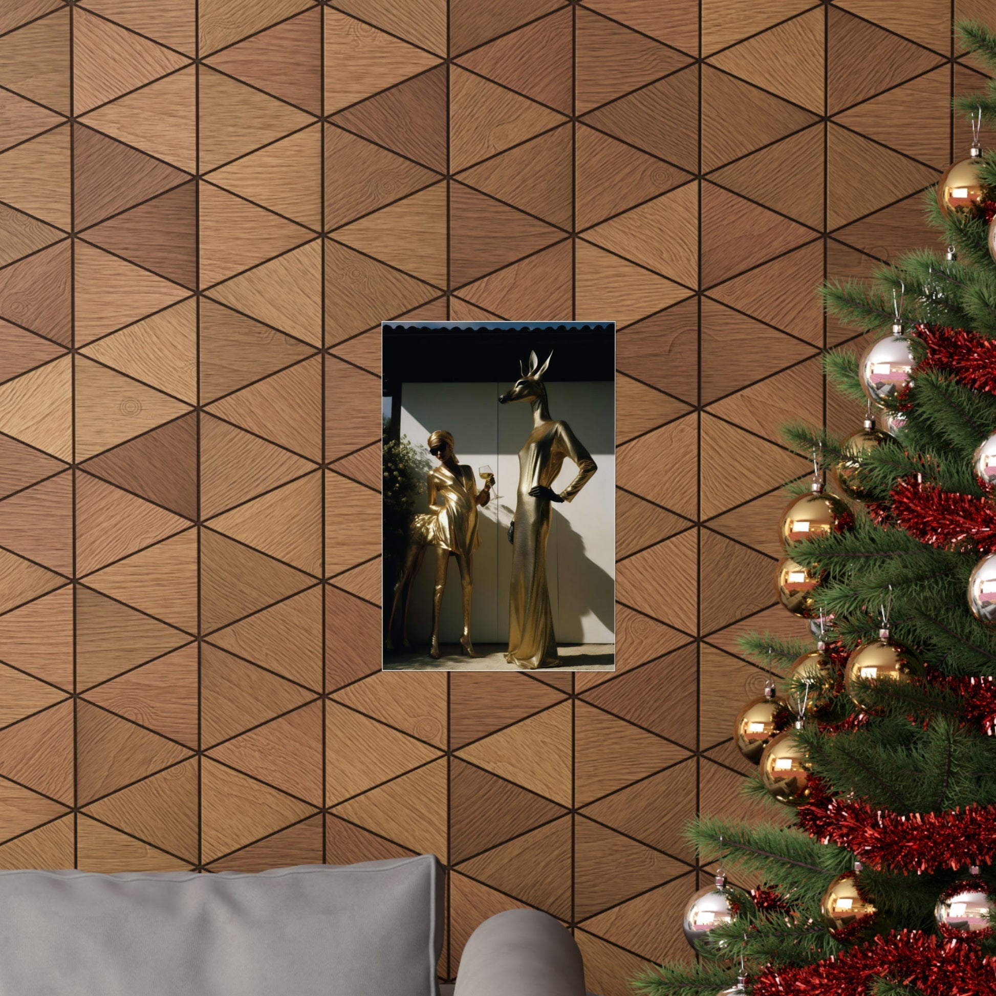 A christmas tree with a picture of a man and woman