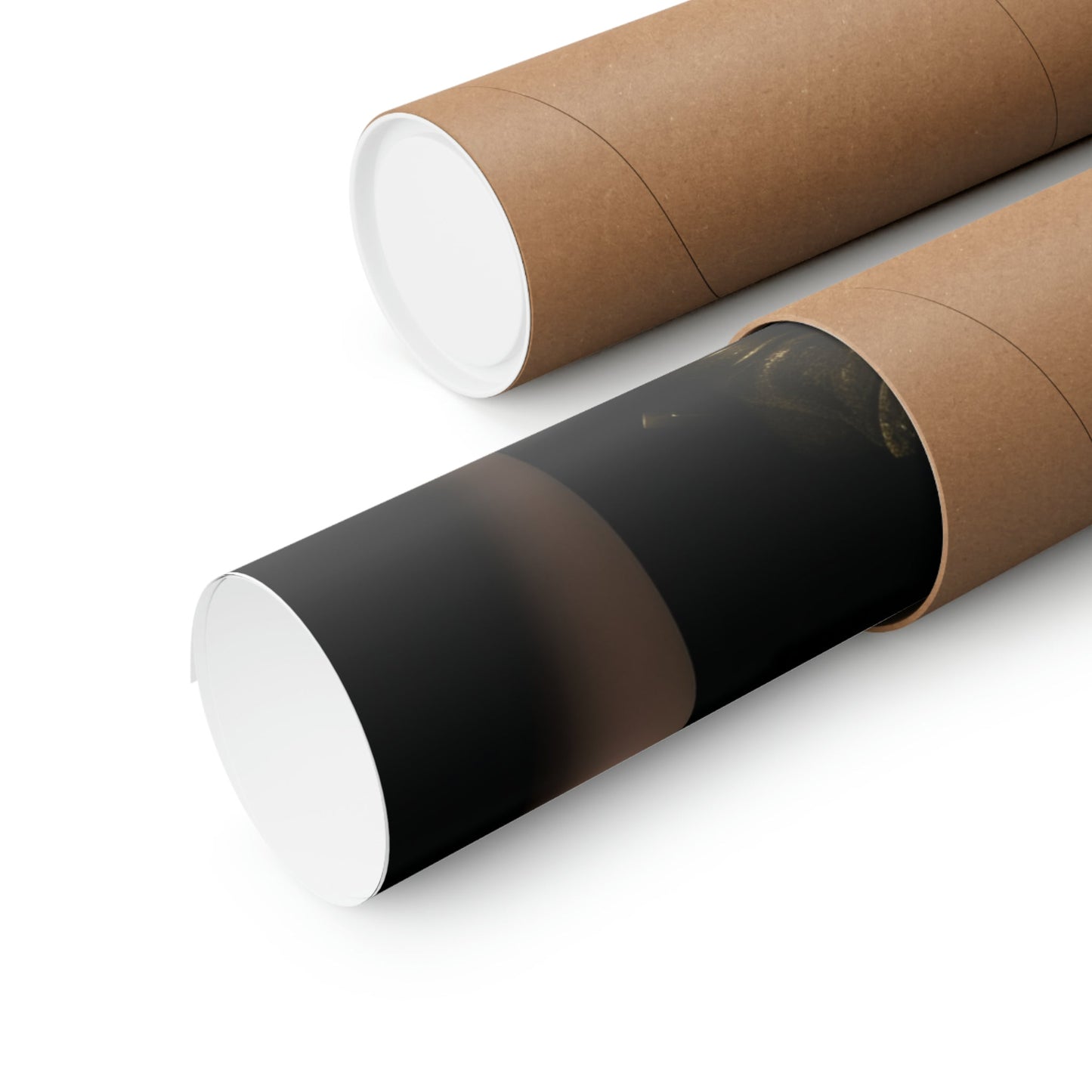 Two rolls of brown paper with black and white paper