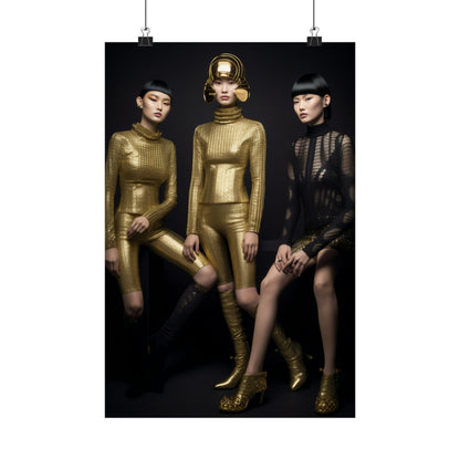 Fashion photograph featuring three models in metallic bodysuit outfits.