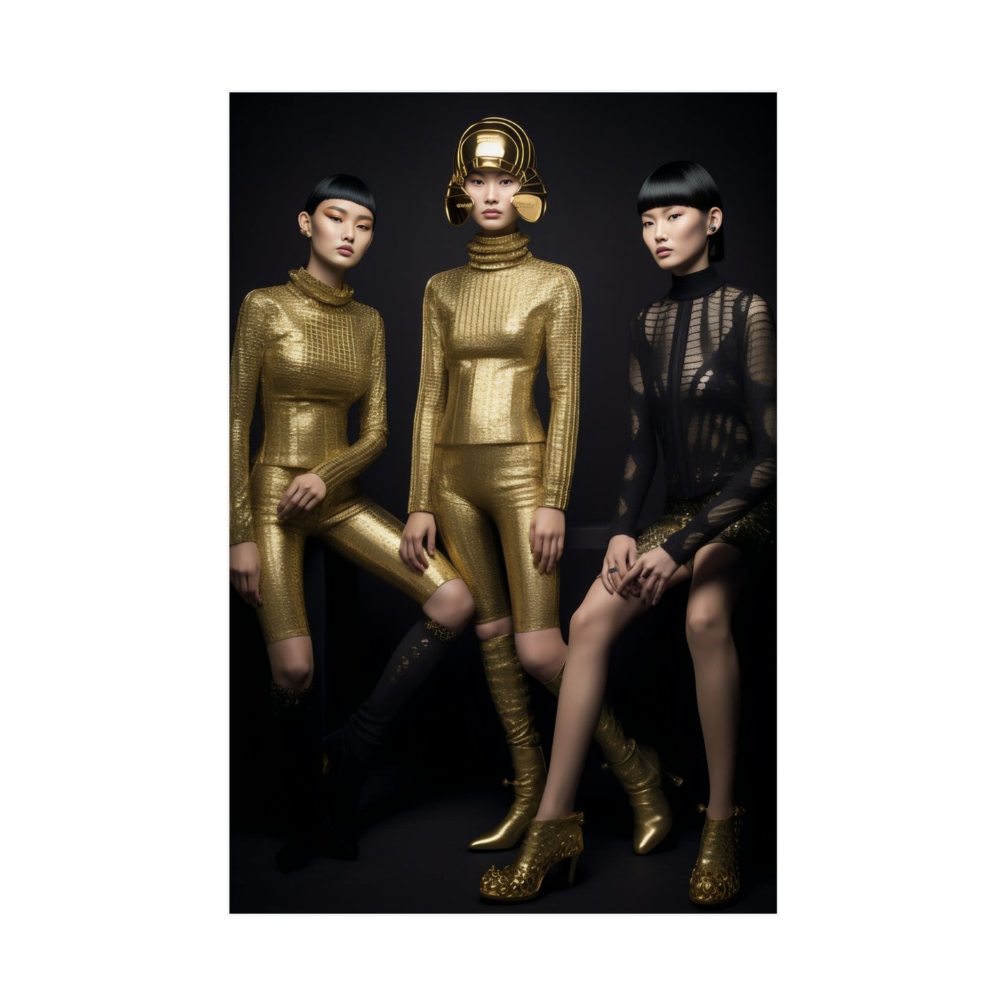 Three women in gold outfits