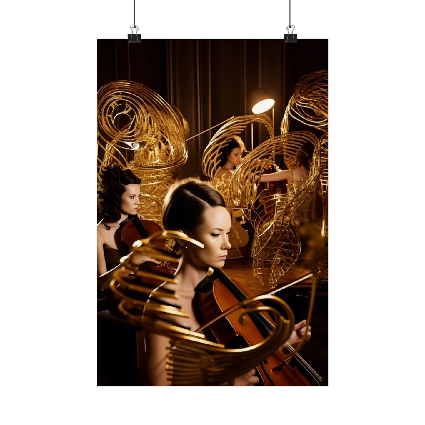 Musicians playing string instruments surrounded by golden, swirling shapes.