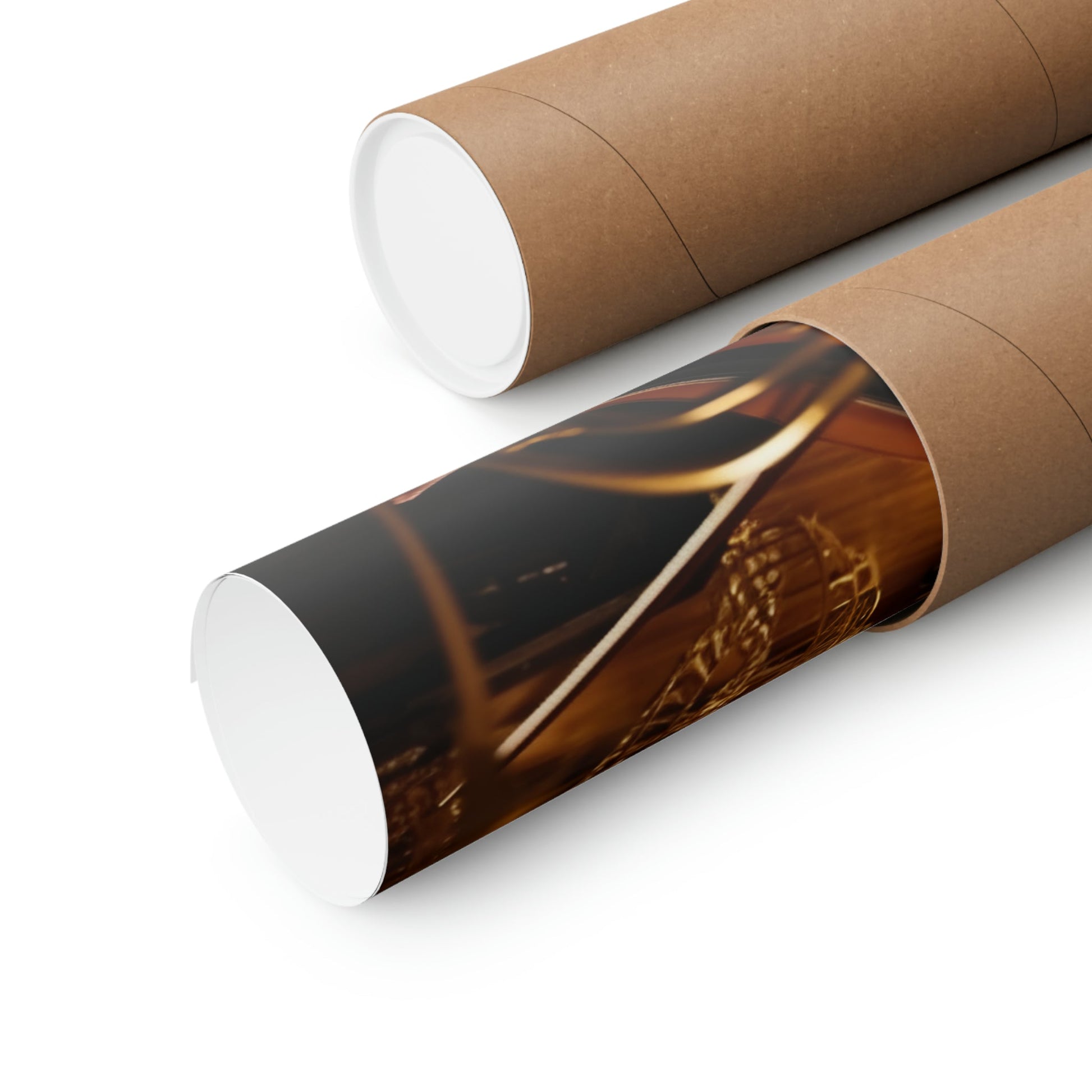 Two rolls of brown paper with a photo on them