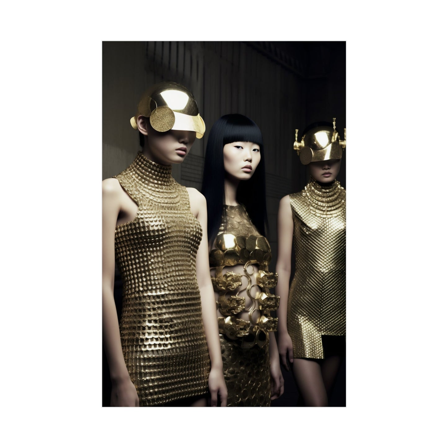 Three models in gold dresses