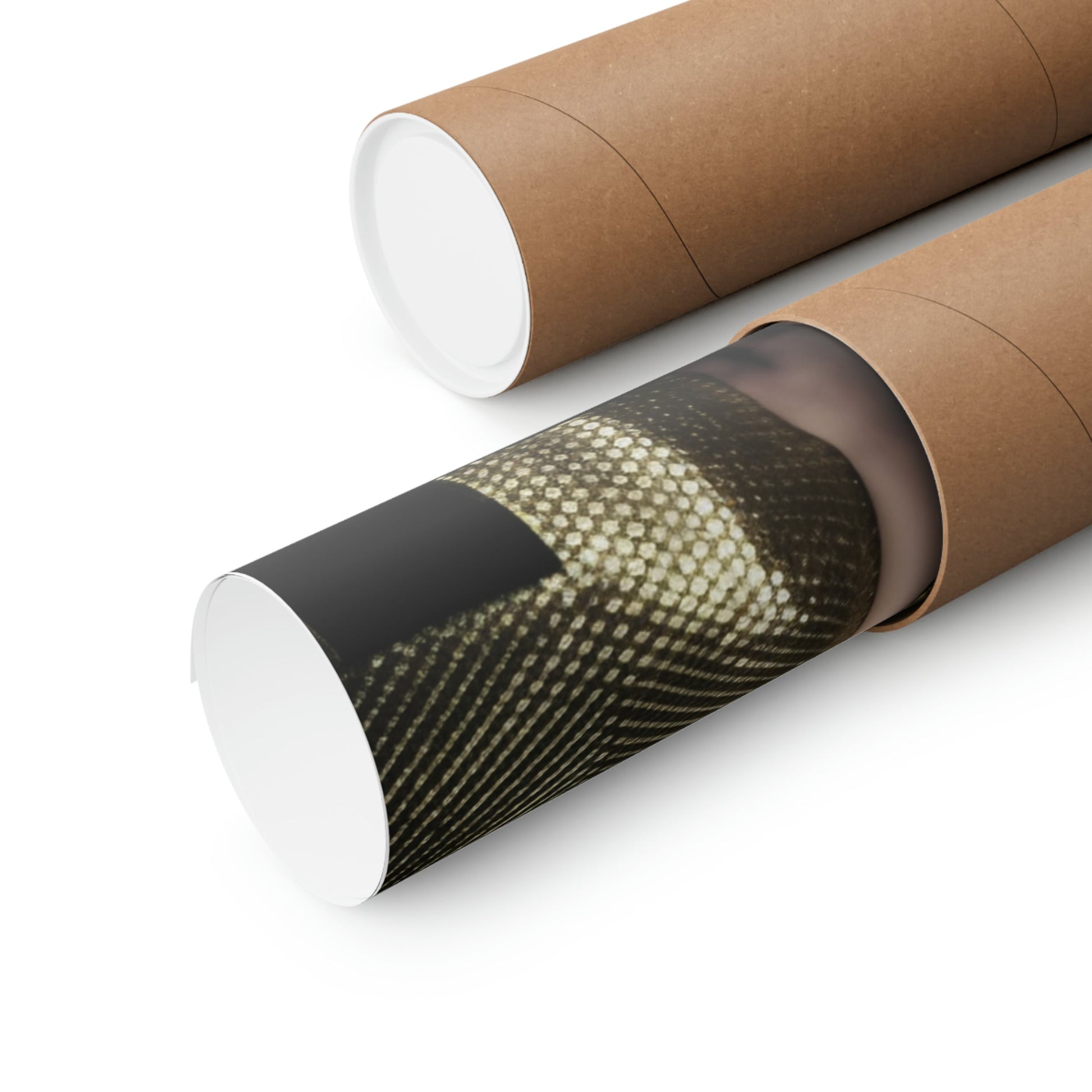 Two rolls of brown paper with a black and white pattern