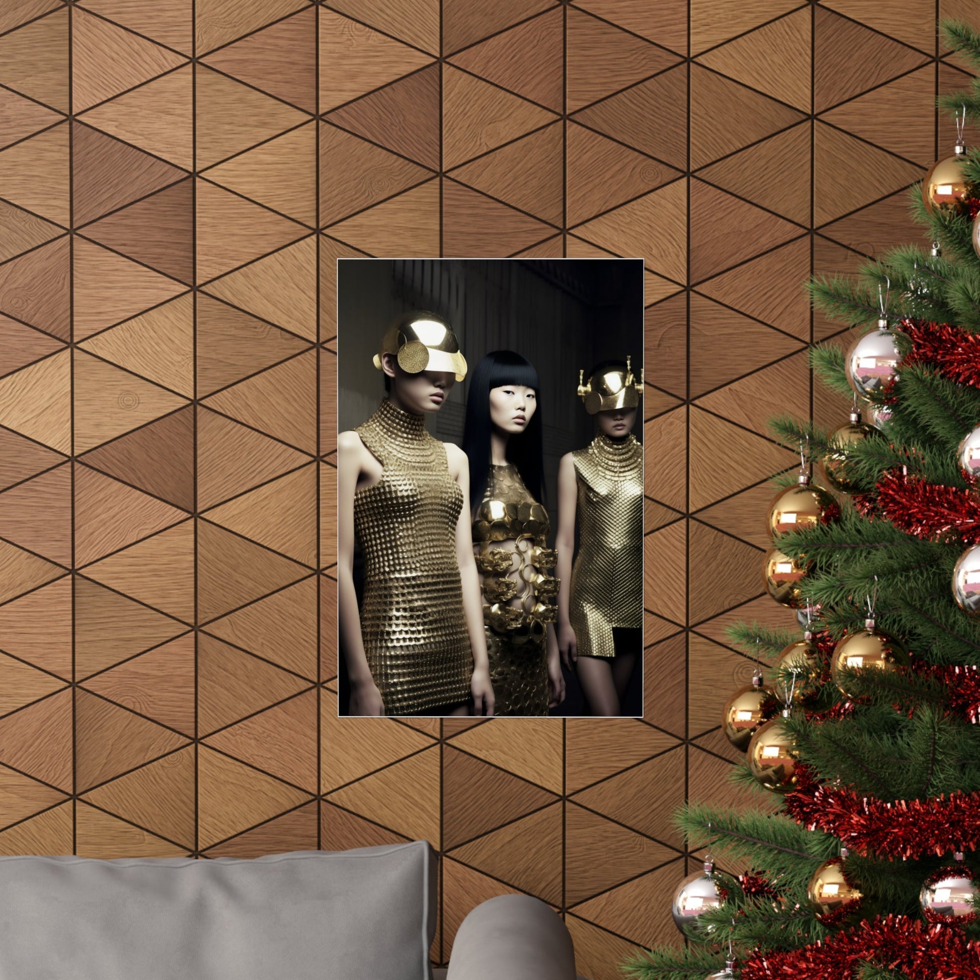 A christmas tree with a picture of two women in gold dresses