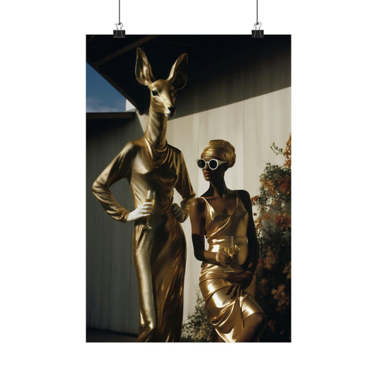 Two surreal golden mannequins with animal and human features posing together.