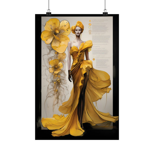 Elegant fashion illustration featuring a woman in a flowing yellow gown with floral accents.