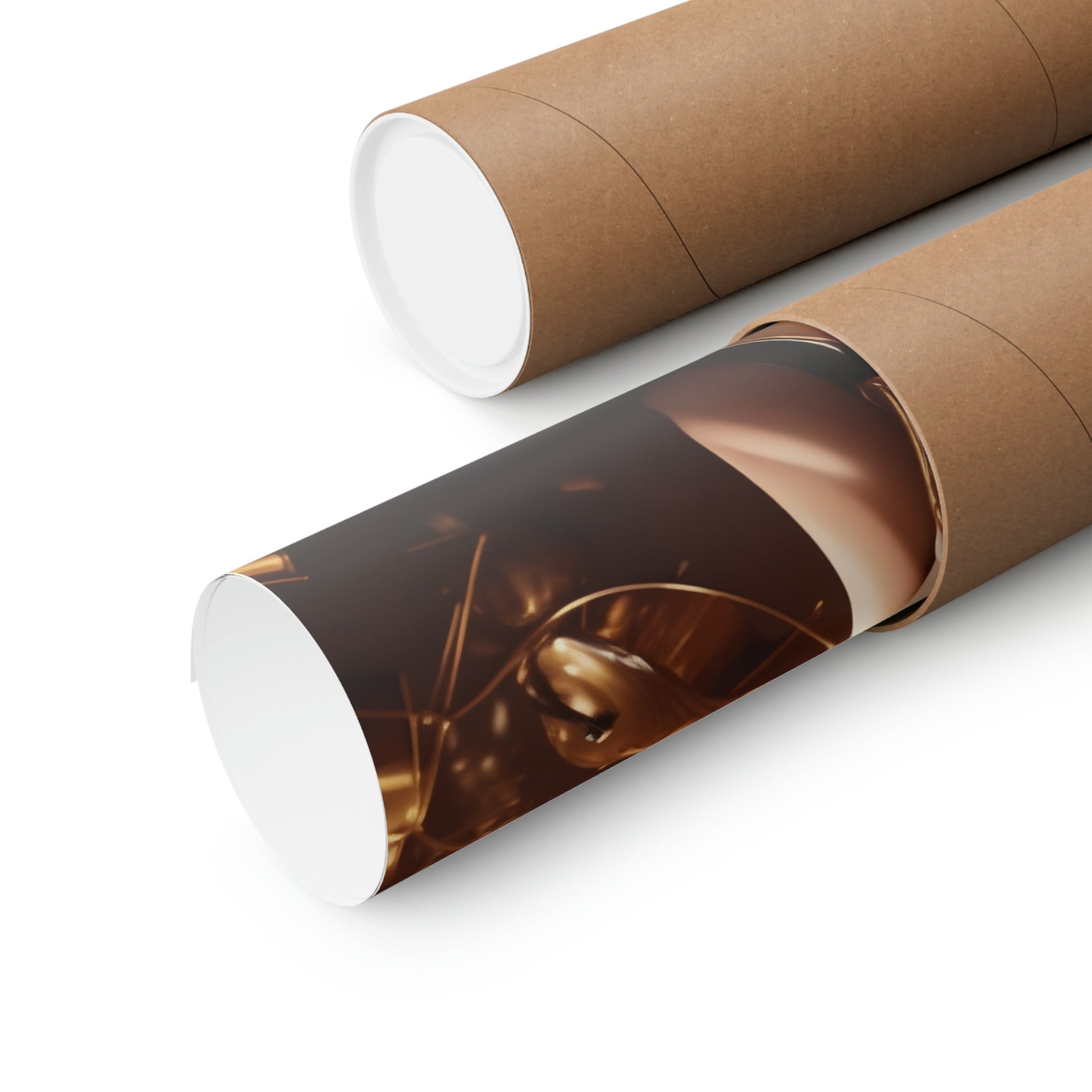 Two rolls of brown paper with a photo of a woman