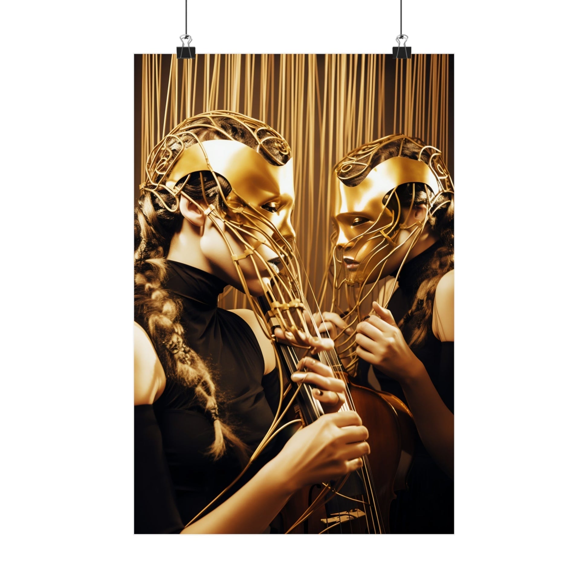 Two golden masks worn by figures playing musical instruments.