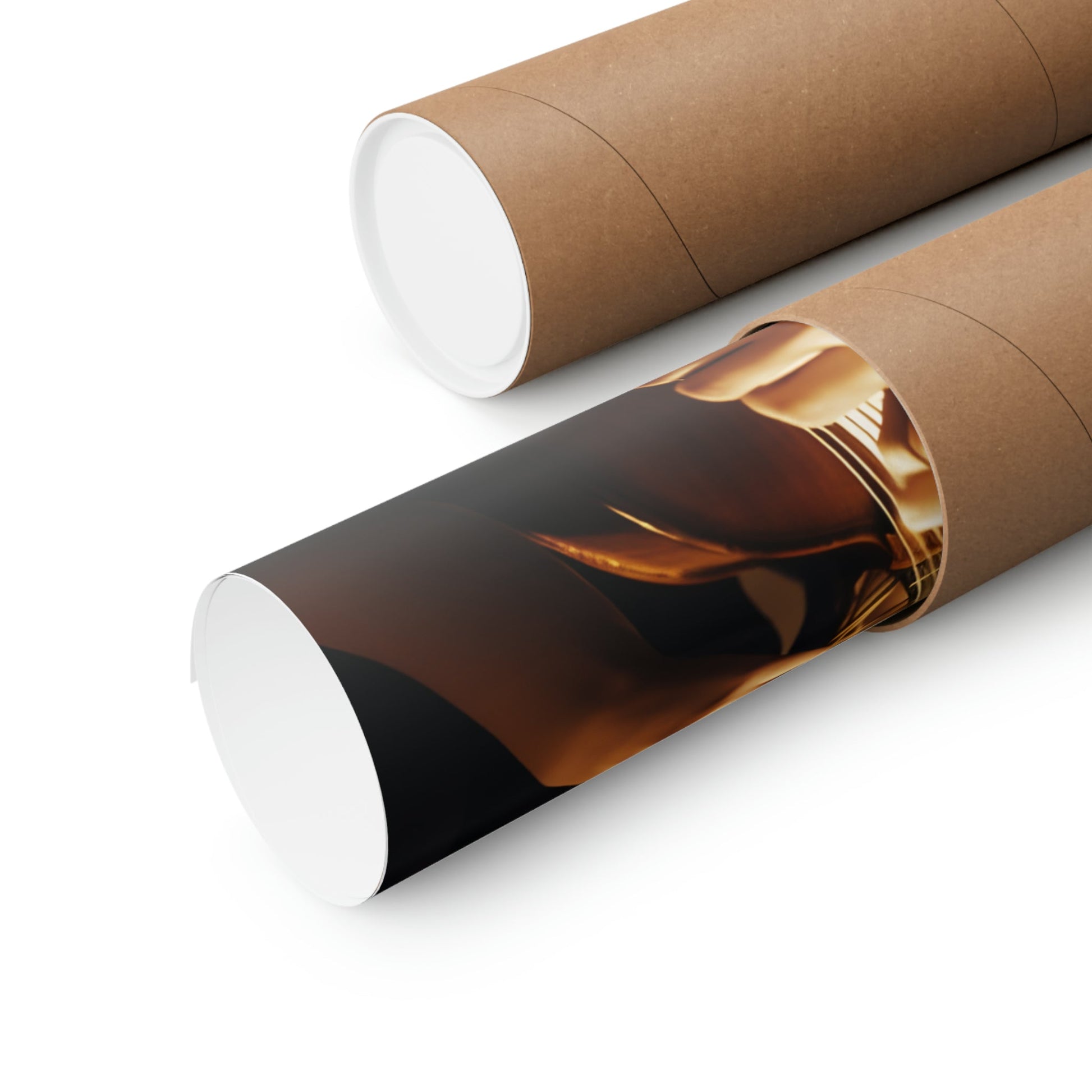 Two rolls of brown paper with a photo on them