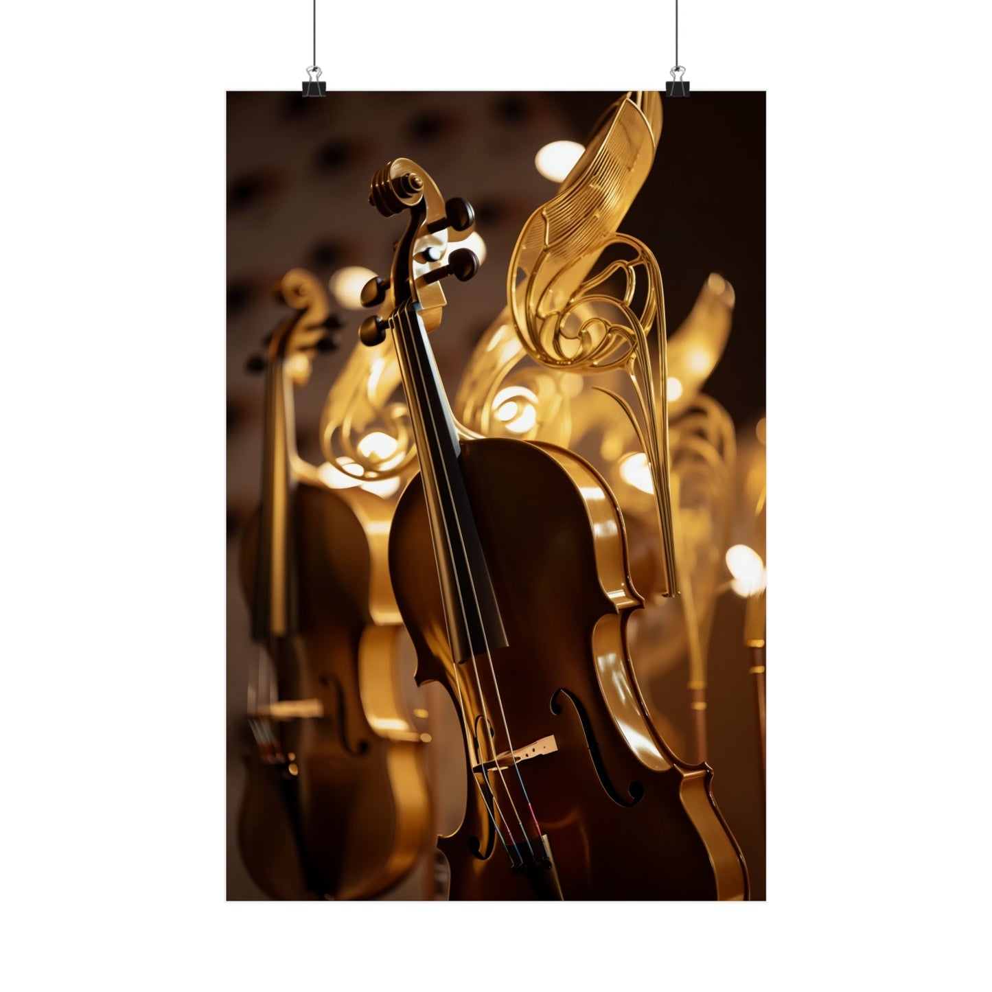 A cello and a violin hanging on a wall