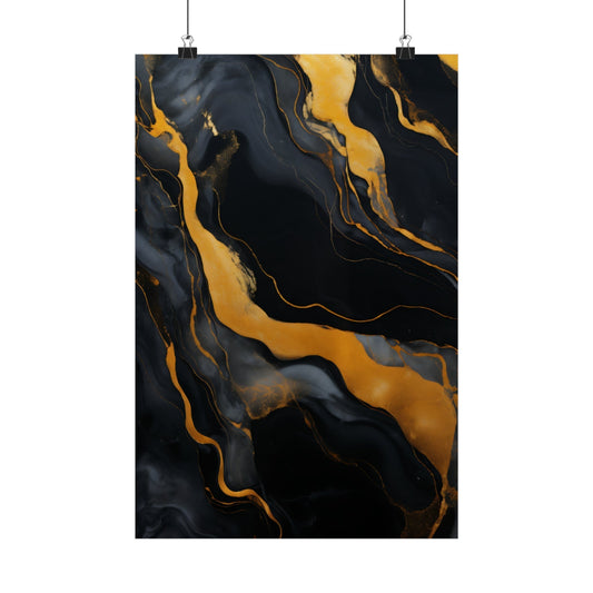 Abstract painting with swirling black and gold patterns resembling marble or fluid dynamics.