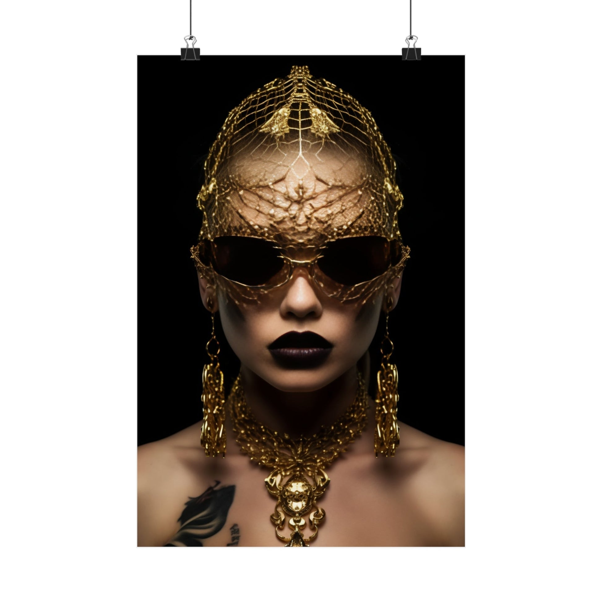 Ornate golden headdress and jewelry adorning a person wearing dark sunglasses and lipstick.