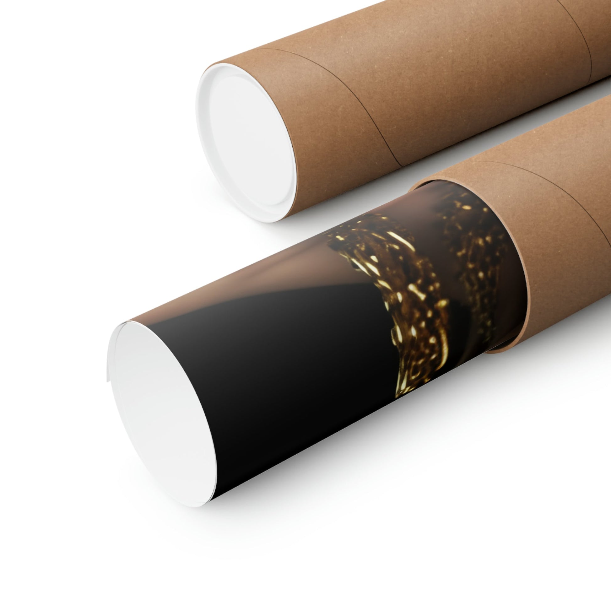 Two rolls of brown paper with a black and white print